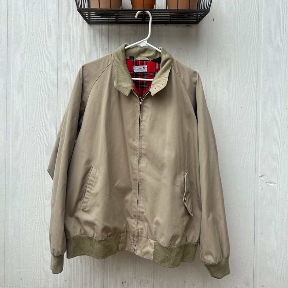 Classic Tan Bomber Jacket with Plaid Lining